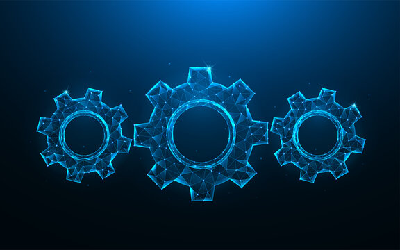 Gears or cogwheel low poly art. Mechanism polygonal vector illustrations on a blue background.