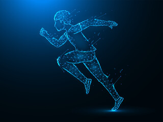 Running man with destruction effect low poly art. Exercise or marathon run polygonal vector illustrations on a blue background.