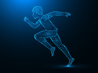 Fototapeta na wymiar Running man low poly art. Exercise or marathon run polygonal vector illustrations on a blue background.
