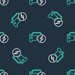 Fototapeta premium Line Electric car and electrical cable plug charging icon isolated seamless pattern on black background. Renewable eco technologies. Vector.