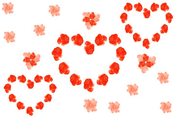 Red hearts and pink flowers on a white background.