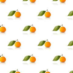 tangerine seamless pattern with green leaves on white background. Minimal summer concept.