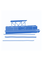 Editable Isolated Flat Monochrome Style Semi-Oblique Side View Pontoon Boat on Calm Water Vector Illustration with Blue Color for Artwork Element of Transportation or Recreation Related Design