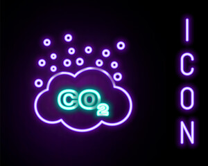 Glowing neon line CO2 emissions in cloud icon isolated on black background. Carbon dioxide formula symbol, smog pollution concept, environment concept. Colorful outline concept. Vector.
