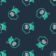 Line Bitcoin plant in the pot icon isolated seamless pattern on black background. Business investment growth concept. Blockchain technology, cryptocurrency mining. Vector.