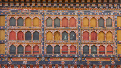Detail of traditional buthanese architecture in inner courtyard in Paro dzong also known as Rinpung...