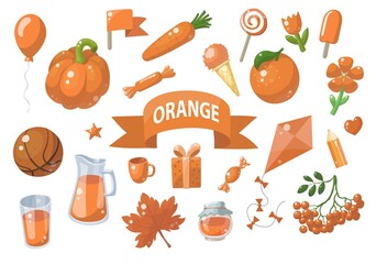 Big set of orange vector objects isolated on white. Fruits, vegetables, food, stars, gifts, balloon and other. Good for color learning