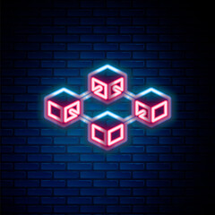 Glowing neon line Blockchain technology icon isolated on brick wall background. Cryptocurrency data. Abstract geometric block chain network technology business. Colorful outline concept. Vector.