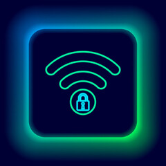 Glowing neon line Wifi locked sign icon isolated on black background. Password Wi-fi symbol. Wireless Network icon. Wifi zone. Colorful outline concept. Vector.