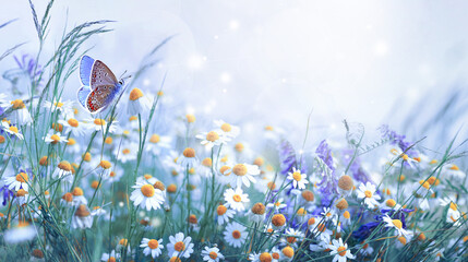 Beautiful wild flowers daisies and butterfly in morning cool haze in nature spring close-up macro....