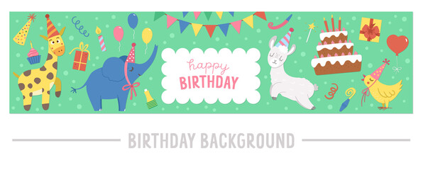 Vector horizontal frame with happy Birthday elements on green background. Traditional party clipart. Funny design for web banners or posters. Cute festive holiday card template with cute animals..