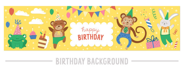 Obraz na płótnie Canvas Vector horizontal frame with happy Birthday elements on yellow background. Traditional party clipart. Funny design for web banners or posters. Cute festive holiday card template with cute animals..