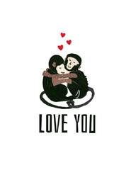 Hugging monkeys Love You card template. Happy valentine day hand painted animal card. Loving ape with hearts. Romantic monkey illustration