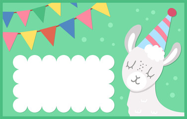 Birthday party template with cute animal. Anniversary greeting and placement card or invitation with llama and flags on green background. Bright pre-made holiday event design for kids. .