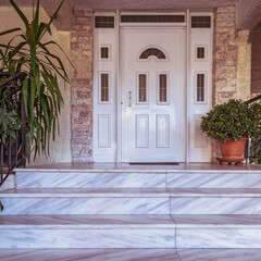 Fototapeta na wymiar marble steps to the house entrance white door and flowerpot