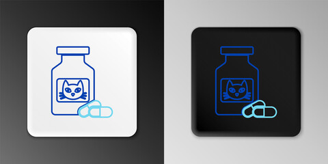 Line Cat medicine bottle and pills icon isolated on grey background. Container with pills. Prescription medicine for animal. Colorful outline concept. Vector.