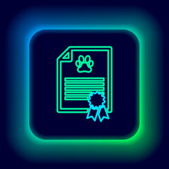 Glowing neon line Medical certificate for travel with dog or cat icon isolated on black background. Document for pet. Dog or cat paw print. Colorful outline concept. Vector.