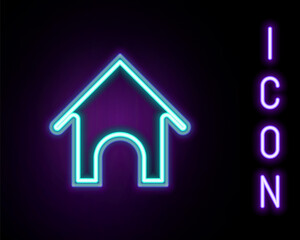 Glowing neon line Dog house icon isolated on black background. Dog kennel. Colorful outline concept. Vector.