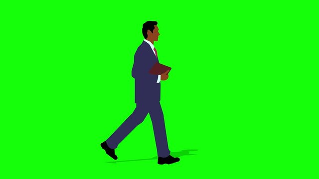 Walking black business man cartoon animation. Loop animation ( 4K video ). green background for background transparent use.