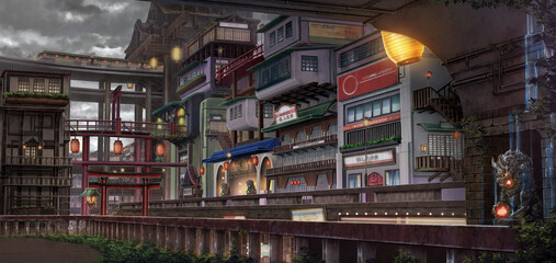 Light City - Overcast , Anime background , Illustration