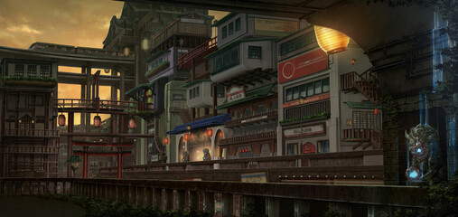 Light City - Sunrise , Anime background , Illustration