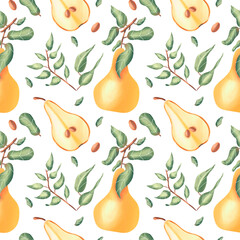 Spring seamless pattern with pears and leaves. Botany pattern. Pears fruit and leaves. Illustration for textile, wrapping paper, fabric, packing. Pattern on white background
