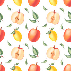 Spring seamless pattern with lemons, apples and branches. Botany pattern. Lemons fruit, leaves and branch. Illustration for textile, wrapping paper, fabric, packing. Pattern on white background