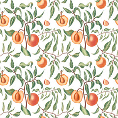 Spring seamless pattern with peach and branches. Botany pattern. Peach fruit, leaves and branch. Illustration for textile, wrapping paper, fabric, packing. Pattern on white background