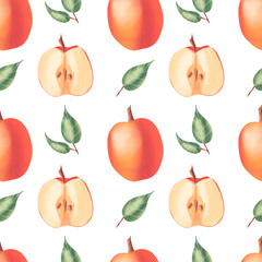 Seamless pattern with apples and leaves on white background. Apple fruit and green leaves. Illustration for wrapping paper, fabric, textile, packing. Half apple with seeds.