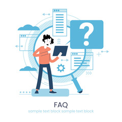 Website menu help concept. Online guides. Support landing page sections. Frequently asked Questions. Metaphor contact us. Help user interface.