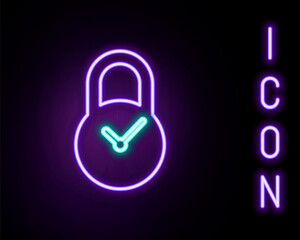 Glowing neon line Padlock with clock icon isolated on black background. Time control concept. Lock and countdown, deadline, schedule, planning symbol. Colorful outline concept. Vector.