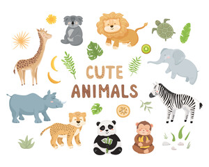Naklejka premium Cute wild baby animals set. Vector illustrations, design concept. Jungle leaves, tropical fruits, plants isolated on white background. Big collection of zoo characters in cartoon style. 