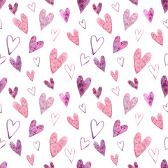 Seamless pattern of pink watercolor hearts. Wedding or Valentine's Day banner, poster design. Hand drawn red pink hearts on white background. texture for scrapbooking