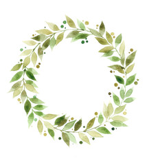 Watercolor hand drawn eco friendly green leaf wreath. Suitable for decoration, design, frame for text, invitation card.