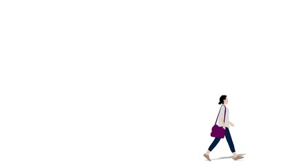 Animation of young woman walking through from left to right.  Loop animation ( 4K video ).
