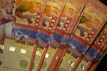 Fan of 5,000 tenge bills. Kazakhstan.