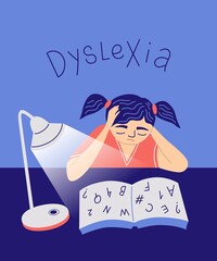Dyslexia concept.  Young girl difficulty in reading. Logopedia, speech Therapy Lessons, speech pathologist. The child learns to speak correctly. Cartoon vector character illustration.   - obrazy, fototapety, plakaty