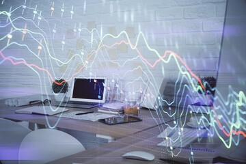 Multi exposure of stock market chart drawing and office interior background. Concept of financial...