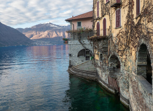 Nesso, small and picturesque village with ancient buildings overlooking the lake.Nature and landscape on Como lake.Lombardy.Italian lakes, Italy.