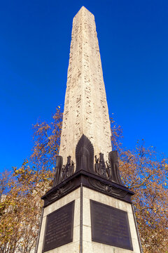 Cleopatra's Needle an ancient Egyptian obelisk from Egypt on The Embankment in London England UK overlooking the River Thames which is a popular tourist travel destination landmark, stock photo image