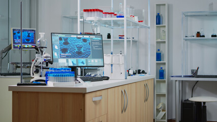 Interior of empty science laboratory with modern equipment prepared for pharmaceutical innovation using high tech, microbiology tools for scientific research. Vaccine development against covid19 virus
