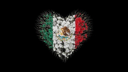 Mexico National Day. September 16. Independence Day. Heart shape made out of flowers on black background. 3D rendering.
