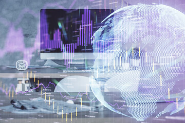 Multi exposure of financial graph drawing and office interior background. Concept of market analysis.