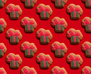 Gift box pattern. Women Day. Red seamless background. Holiday surprise. Creative beige green gingerbread present design cookie minimalist symmetrical composition isolated on bright.