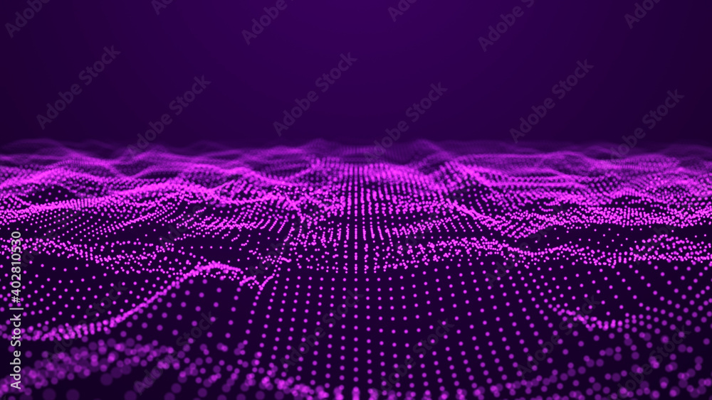 Poster abstract wave of particles. smooth abstract gradient dynamic wave of many glowing particles. network