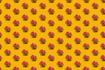 Present pattern. Orange seamless background. Women Day. Festive surprise. Creative red green gift box design minimalist symmetrical composition isolated on bright.