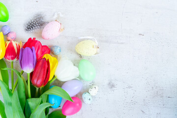 Obraz na płótnie Canvas Easter colored eggs with tulips