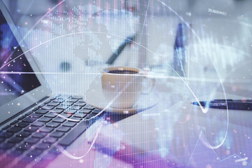 Double exposure of business theme drawing and desktop with coffee and items on table background. Concept of market trading