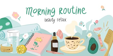 Horizontal morning routine banner template. Poster concept with elements for rituals of beauty, health of the soul and body. Background for postcards, invitations. Cartoon vector illustration.