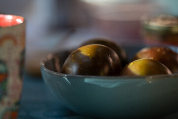 Healthy breakfast or dinner with red tomatoes on blue bowl